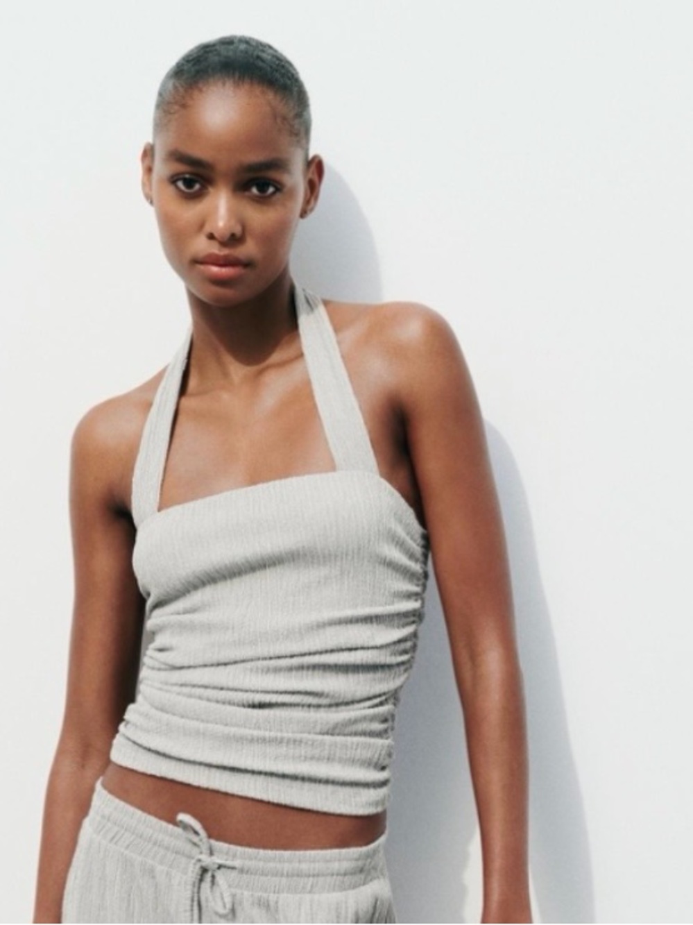 Ribbed Halter Tank Top in Light Gray